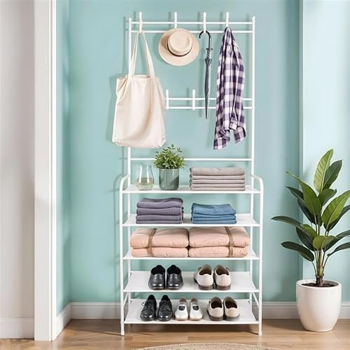 BELLE VOUS 5-stöckiger Garderobenständer Weiß mit Schuhregalen - Schuhregal mit Garderobe und 8 Haken - Freistehendes Garderobe Set Flur, Eingangsbereich, Schlafzimmer & Büro