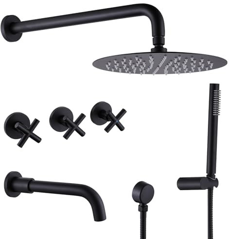 RBROHANT JK0300 Duschsystem mit Wannenauslauf aus Messing, Badewannen-Duscharmatur-Set mit 3-Wege-Aufrauventil, 25,4 cm rundes Duschkopf-Set mit Wannenauslauf und Handheld, Mattschwarz