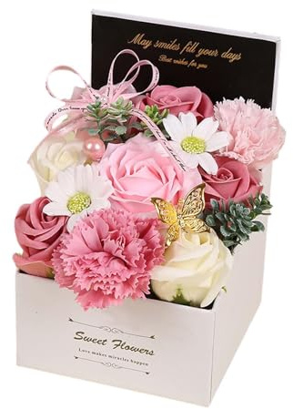 Sharplace Soap Flower Bouquet Rose and Carnation in Gift Box, Everlasting Flowers, Decorative Artificial Bath Soap for Mothers Day Valentine's Day and Birthdays, Her Girls' Lover, pink