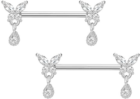Gojewen 2er Brustwarzenpiercing Nippel Ring Barbell 14mm Chirurgenstahl Silber Brustpiercing Schmetterling Piercing Brustwarze Schmuck Damen Frau