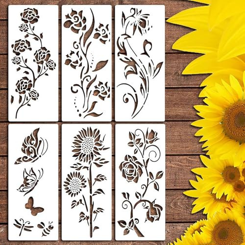 Garden Fence Large Flower Stencils, Household Paint Wall Stencils,Artists' Drawing & Lettering Aid, Reusable Floral Stencils for Painting on Wood Walls Pattern,Giant Sunflower Wall Art Stencil