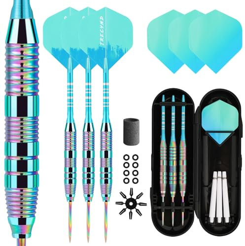 Trecynd Dartpfeile mit Metallspitze 22g, Profi Steeldarts mit Metallspitze, Steeldarts Set, Steel Tip Darts, 3er Set Aluminium Schaft und Extra 3 Dart Flights (Grün-Blau)