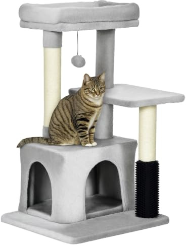 PawHut Árbol Rascador para Gatos Medianos Altura 85 cm Árbol para Gatos con Nido Plataforma Bola Colgante Juguete Rascador y Postes de Sisal 48x48x85 cm Gris
