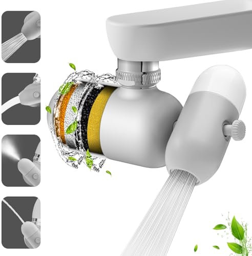 4 Modes Multifunctional Kitchen & Bathroom Water Filter for Sink Faucet with 2pcs Replacement Filters - 99.9% Chlorine Removal - Skin Hydration in 2 Weeks-Compatible with Most of Faucet