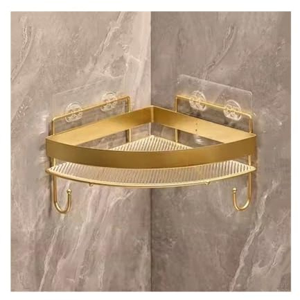 GLigeT Duschregal Eck-Duschregal, selbstklebendes Badezimmerregal zur Wandmontage mit Haken, dreieckiger Dusch-Organizer aus Acryl ohne Bohren mit Metallzaun Halterung Dusche(Gold)