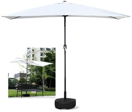 Parasol mural demi-rectangulaire avec manivelle et base incluses Idéal pour café, terrasse, balcon, fenêtre ou terrasse Tissu résistant aux UV Design gain de place, blanc, 200*100