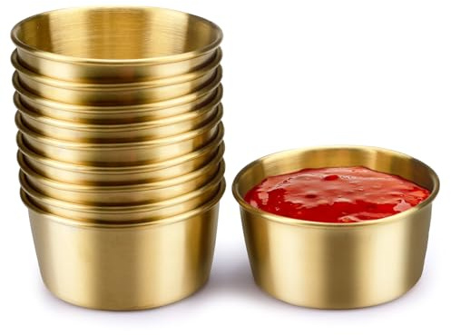 Huakaile 10 Pieces Stainless Steel Sauce Cups, 2.7 Oz/80 ml Metal Ramekins Dipping Bowls, Small Reusable Condiment Dish Containers for Prep Dessert Meal Seasoning (Gold, 10)
