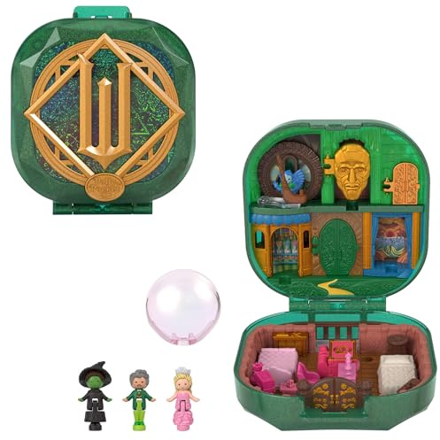 Polly Pocket x Wicked Collector Compact, Micro Dolls and Playset, 2 Themed Accessories, Iconic Shiz & Oz Locations, Glinda, Elphaba, & The Wizard, JFV04