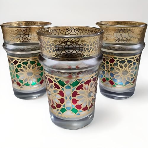 Générique Ensemble de 12 Verres à Thé Marocains, Motif Floral Traditionnel, Bordure Dorée, Multicolore