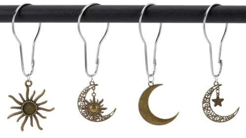 WEBEEDY 12 Stück Sonne Mond Stern Duschvorhang-Haken Aus Edelstahl Boho Vorhangringe Für Badezimmer Duschstange Vintage Vorhanghaken Mit Mondstern Anhänger Bronze