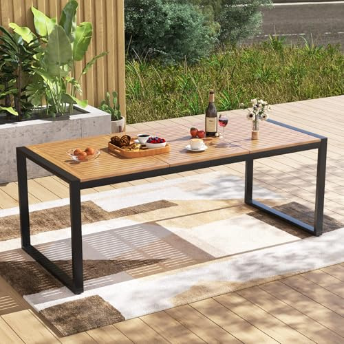 GOPLUS Table de Jardin Rectangulaire 8 Personnes 200 x 90 cm, Table à Manger Exterieur en Bois d'Acacia FSC avec Trou pour Parasol Intégré et Cadre Métallique, pour Véranda,Balcon, Charge 80KG