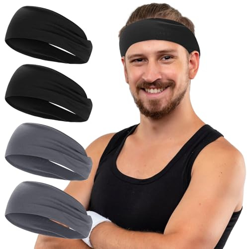 4 Stück Stirnband Herren, Elastisch Breites Haarband Sport Männer Atmungsaktiv Schweißband Stirn rutschfest für Fitness Joggen Laufen Radfahren Basketball (Schwarz, Dunkelgrau)