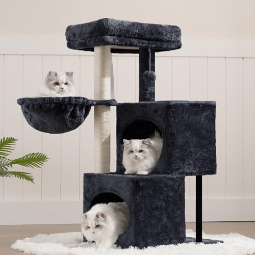 Heybly Kattklätterträd, 92 cm Kattträ med Trappstegsdesign, Stor Plattform, 2 Kattkojor, Fullt Sisalinklädda Stolpar, Leksak med Pälsplutt och Bjällra, För Inomhusbruk, Rökgrå HCT201SG