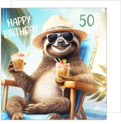 Edition Seidel Premium quadratische Glückwunschkarte zum 50. Geburtstag mit Umschlag. Geburtstagskarte Karte mit englischem Text für Mann Frau Freund Freundin Mama Papa Faultier lustig (GQ535 SW025)