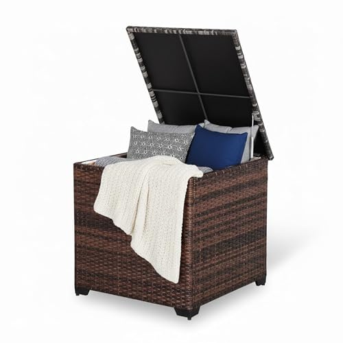 Rattan park Braun geflochtene Aufbewahrungsbox, wetterfest, inklusive Deckel, 318 Liter große Aufbewahrungsbox für Kissen mit Innentaschen, geeignet für Garten-, Terrassen- und Balkonmöbel