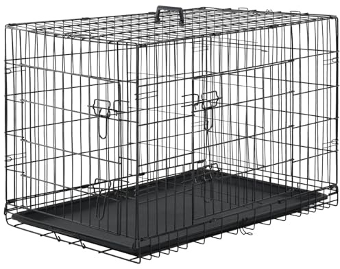 Furniture of America Yucca Metal Double Door Folding Wire Pet Crate with Divider, Removable Tray, and Handle for Outdoor and Indoor Medium Dog, 36-inch, Black