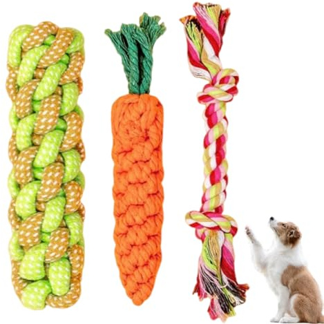 SGERUFZ Juego de 3 juguetes masticables – mazorca + zanahoria + cuerda doble nudo, para perros de todas las tallas, limpieza dental