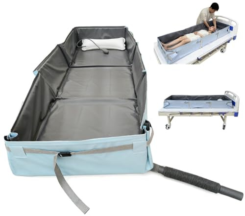 Juodkeo Baignoire médicale portative sans gonflage nécessaire, kit de baignoire avec système de vidange – solution de soin pour seniors avec oreiller gonflable, lavage du corps entier au lit