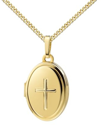 JEVELION Kreuz-Medaillon 585 Gold Bilder-Amulett für 2 Andenken-Bilder zum Öffnen für Damen und Herren mit Halskette oder ohne Kette wählbar + Schmucketui + Echtheitszertifikat