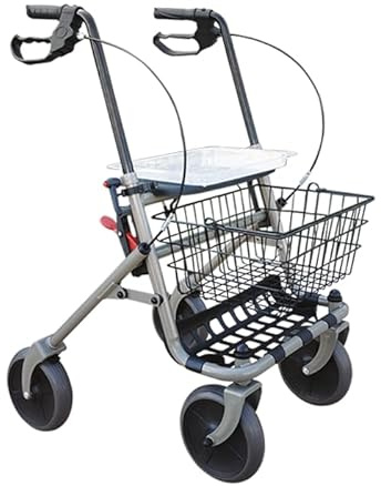 PLUS SANTÉ – Déambulateur STABILIO tout-terrain | 4 roues larges avec freins, assise 46×33 cm, hauteur réglable 88–99 cm, panier intégré, pliable pour transport | 9 kg | 100 kg