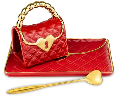 Froster Tasse Sac a Main avec Soucoupe et Cuillère de Coeur, Mug 3D en Forme de Sac à Main Rouge, Tasse à Café Coeur et Soucoupe, 250 ml