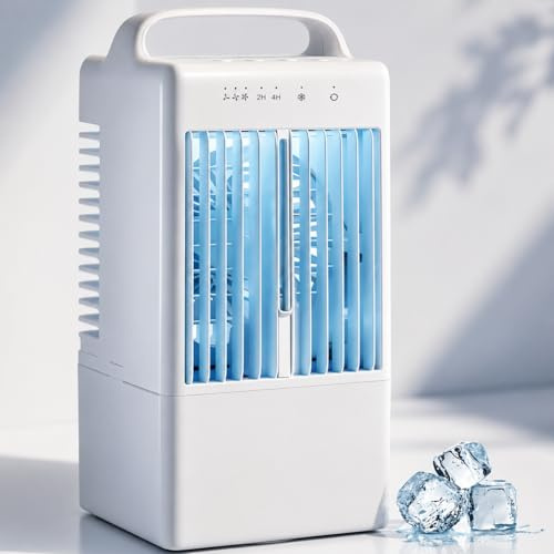 Enssjoy Portable Air Conditioner, Mini Air Cooler with Mist Cooling, 3 Speed Fan, 90° Oscillating, 1000ML Water Tank, 2H/4H Timer & 7 Colour LED Light for Home, Office & Travel