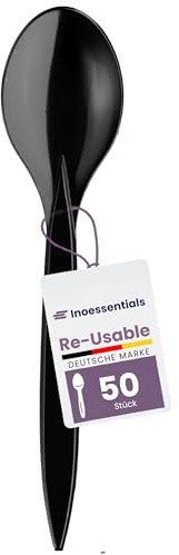 Inoverse 50 Stück Wiederverwendbare Plastiklöffel – Robuste Mehrweg Partylöffel Schwarz, Plastikbesteck für Party, Catering & Hochzeit, Outdoor-Löffel, BPA-frei, Spülmaschinenfest