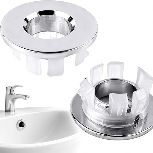 2 Pack Sink Overflow Rings, Silver Chrome-Plated Copper Covers | 22-24 mm Round Washbasin Hole Inserts for Bathroom and Kitchen Basins, Including Ceramic and Marble Sink Installations