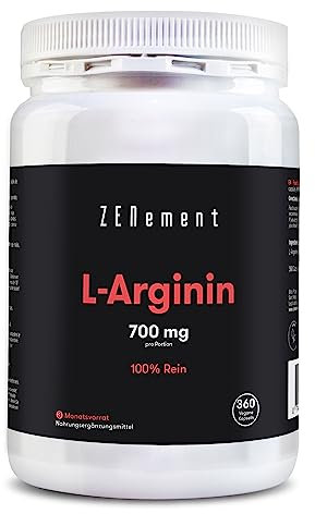 L-Arginin 700 mg pro veganer Kapsel – Freie Form, Reines Aminosäurepräparat für Sportler – Hohe Konzentration, ohne Gluten, Laktose und Soja – 360 Kapseln – Zenement