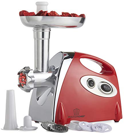 MisterChef 1600 Watt Electric Meat Grinder, Stainless Steel Meat Mincer & Sausage Stuffer, 3 Different Cutting Plates, Sausage & Kubbe Kit Included, Red, 2 Year Warranty