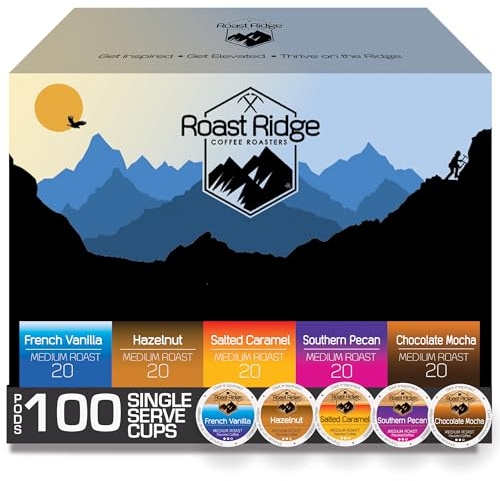 Roast Ridge Single Serve Coffee Pods for Keurig K-Cup Brewers, Variety Pack, 100 Count (20 each: Salted Caramel, Southern Pecan, Chocolate Mocha, Hazelnut, French Vanilla)