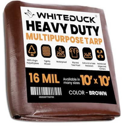 WHITEDUCK Super Heavy Duty Poly Tarp Cover 16 Mil & 10 Mil with Grommets and Reinforced Edges (Brown, White & Silver Black) (Brown- 16 Mil, 10' x 10')