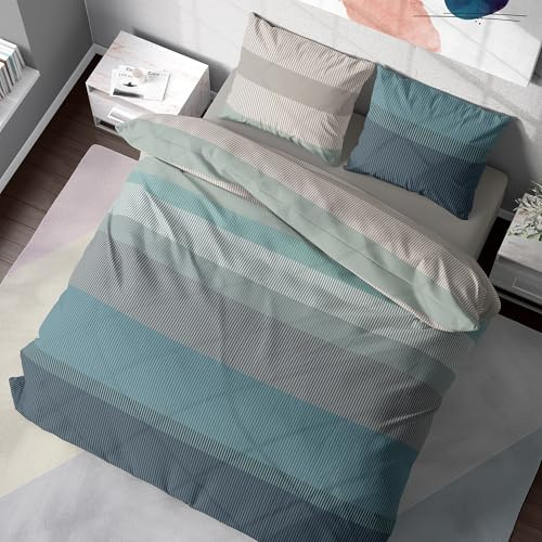 DILIOS Juego de ropa de cama de 200 x 200 cm, 100 % algodón, transpirable, con cremallera, diseño a rayas, color azul/verde/gris, 3 piezas, funda nórdica y 2 fundas de almohada de 80 x 80 cm