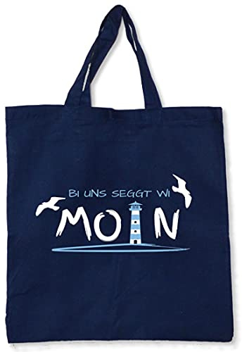 Fördeblau Dunkelblaue Tragetasche mit 'Moin' Aufdruck, 38x42cm, 100% Baumwolle, Stilvolles Norddeutsches Design mit Leuchtturm und Möwen. Schönes Geschenk auf Plattdeutsch.