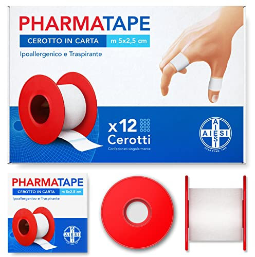 AIESI® Cerotto a rotolo adesivo su rocchetto ipoallergenico in carta m 5x2,5 cm PHARMATAPE (Confezione da 12 pezzi)