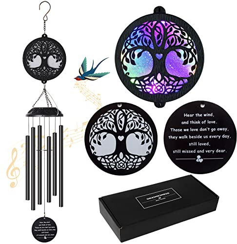 Carillon éolien solaire arbre de vie, cadeau commémoratif pour maman, carillon éolien pour l'extérieur, carillon éolien de condoléances pour la perte d'un être cher, cadeau de condoléances, décoration