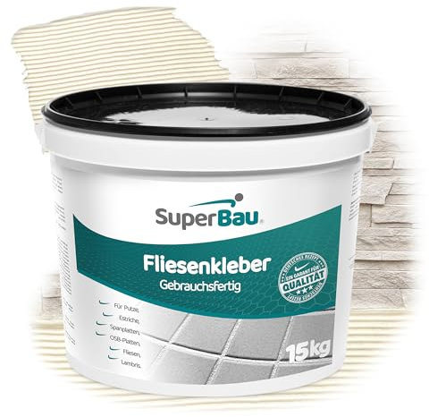 SuperBau Gebrauchsfertiger Dispersionskleber (15kg ca.9m²) für Fliesen Flexmörtel Weiß für Terrakotta Porzellan Tonfliesen Mosaikfliesen Fliesenkleber fertig Flexibel für schwierige Untergründe Zuhaus