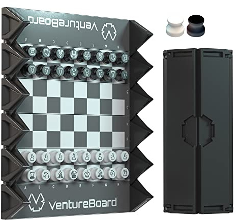 VENTUREBOARD 6 Inches Magnetic Unique Chess Set Board Game - 2 Extra Queens - Folding Board, Portable Travel Chess Board Game Pieces - Black/Grey