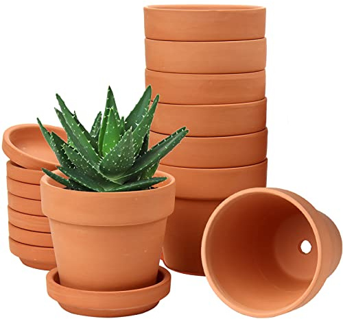 Hollyone 8 stycken små terrakotta krukor, 8 x 8 cm rund blomkruka lera med underlägg och dräneringshål, liten blomkruka med bricka, terrakotta suckulenter krukor för inomhusväxter, keramik, plantering