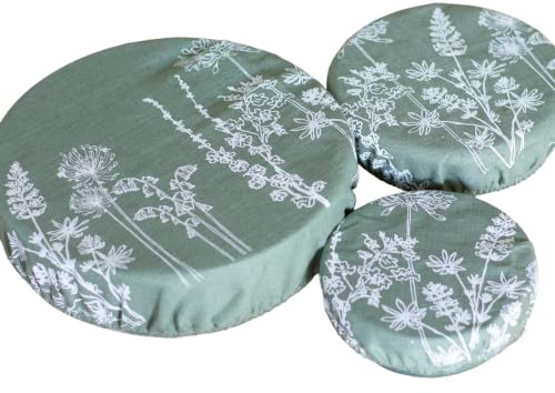 Linen Bowl Covers - Set of Three, Sage Green. Perfect for covering food can be used in the fridge. A great cling film alternative. Machine washable. Fits bowls, 18, 22 and 30cm diameter.