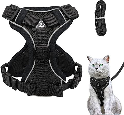 Justerbar kattsele som är säkert att gå sönder, kattsele med koppel, mjuk sele för katt, bröstsele för katter, kattungar, hundar, valpar (svart -S)