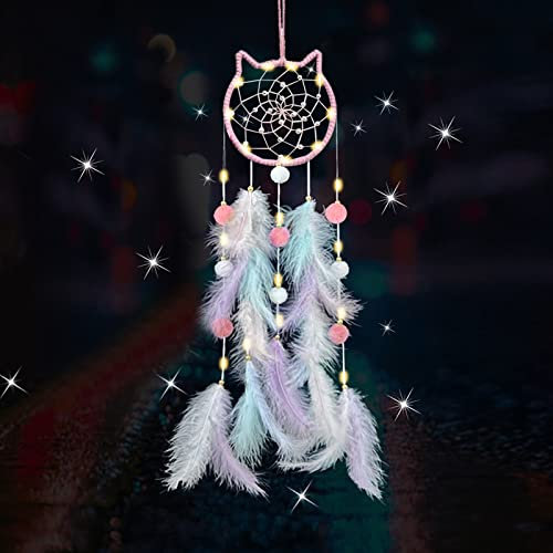 Kireida® Acchiappasogni gatto acchiappasogni con luci, acchiappasogni fatto a mano con piume colorate per matrimonio vintage, decorazione da parete, decorazione per la casa, ornamenti, Natale