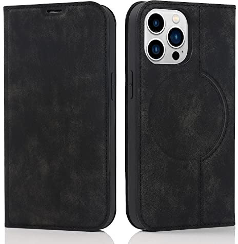 QLTYPRI Hülle für iPhone 15 Pro Kompatibel mit MagSafe, Ledertasche Handyhülle [RFID Schutz] Flip Case mit Kartenhalter Ständer Magnet Klapphülle für iPhone 15 Pro - Schwarz