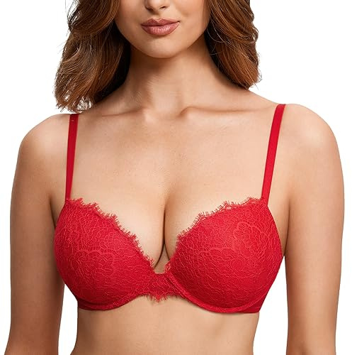DOBREVA Dam push up bh sexig Dirndl spets bygel-BH full täckning vadderad för djup hals, läppstift röd, 75B