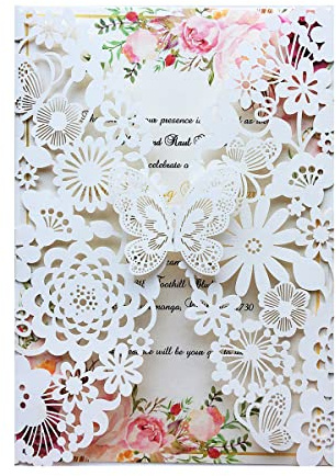 Hosmsua 20x Avorio biglietti di invito per matrimonio, taglio laser con farfalla e buste per compleanno, matrimonio, fidanzamento, inviti di nozze (20 pezzi)