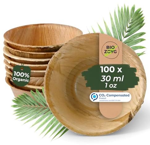 BIOZOYG Dipschalen 100 Stück 30 ml rund - Palmblatt mini Schälchen Fingerfood Schalen Einweg - Alternative zu Holz, kleine Schälchen für Dips, Saucen und Dressings