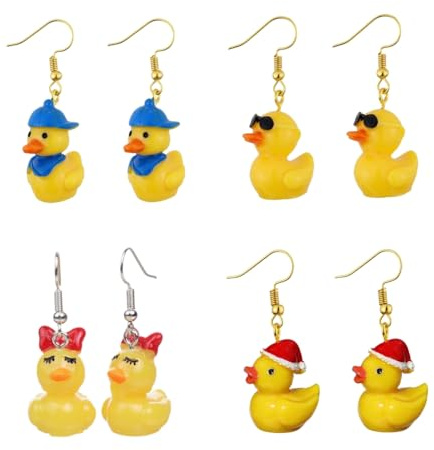 4 Paar stilvolle gelbe Enten-Ohrringe, inspiriert, baumelnde Ohrringe, bunte Anhänger, Ohr-Accessoire für Damen, Silikon