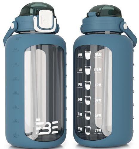 Be-Active Glass Water Bottle 2.2 Litre with Times to Drink - Borosilicate Glass – Motivational bottles - BPA Free (Blue)