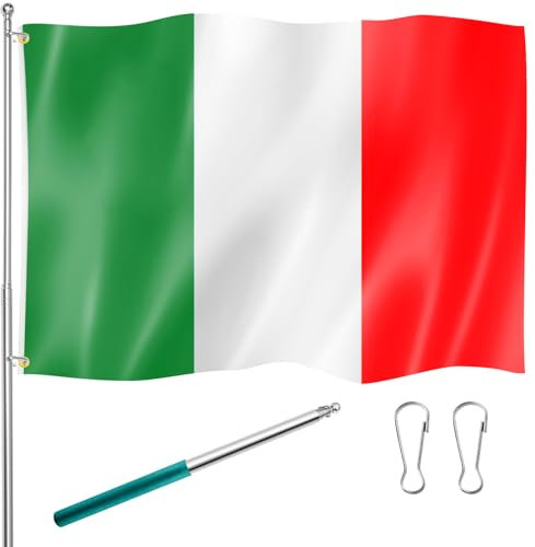 Tatuo 150 x 90 cm Bandiera dell'Italia e Pennone in Acciaio Inossidabile Corda Sospesa Verde e 2 Fibbie per Interno all'Aperto Casa Tema Festa Decorazione Forniture