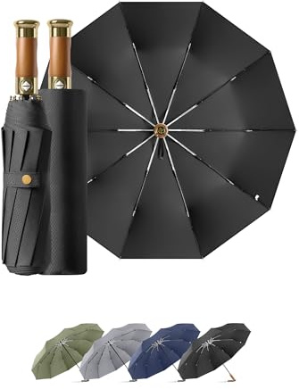 Rain Cats Large Umbrella 45 Inch diameter Umbrellas for rain Strong10 Ribs Fiberglass Windproof big Compact Automatic portable Folding Travel/Thick Fabric/Wood handle (A-Black, 45 inches in diameter)